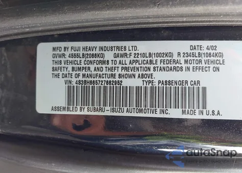 2002 Subaru Outback z USA, uszkodzony, nr VIN 4S3BH665727662952